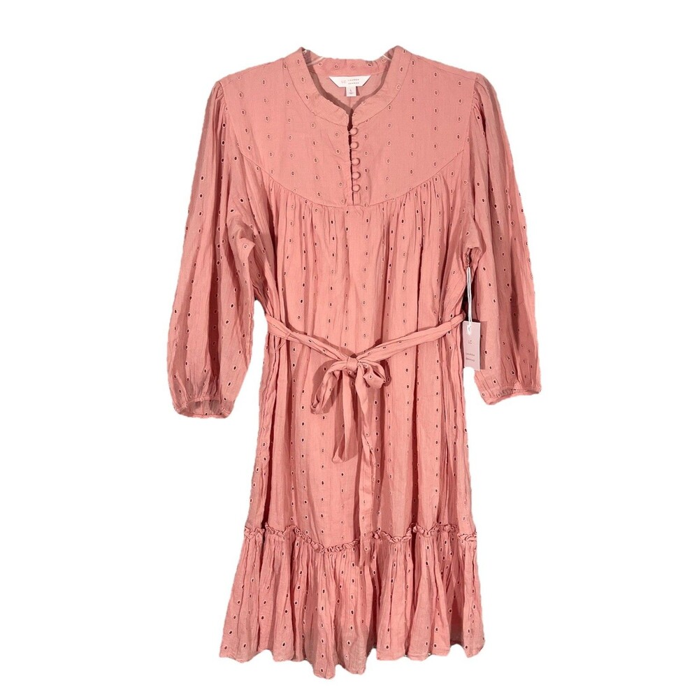 Lauren Conrad Sz. Large Pink Eyelet Fit Flair Ruffle Peasent Cottage Lined Dress